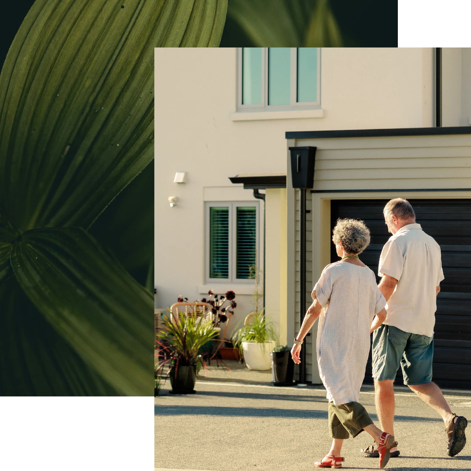 Collage of an older couple walking together past modern homes at Olive Estate Lifestyle Village.