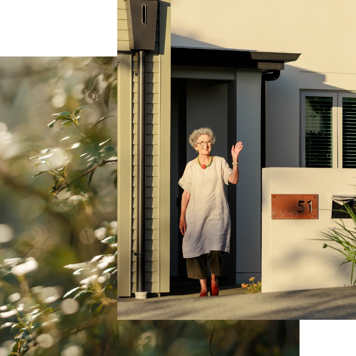 Collage featuring a resident waving hello from the front doorway of her house at Olive Estate Lifestyle Village.
