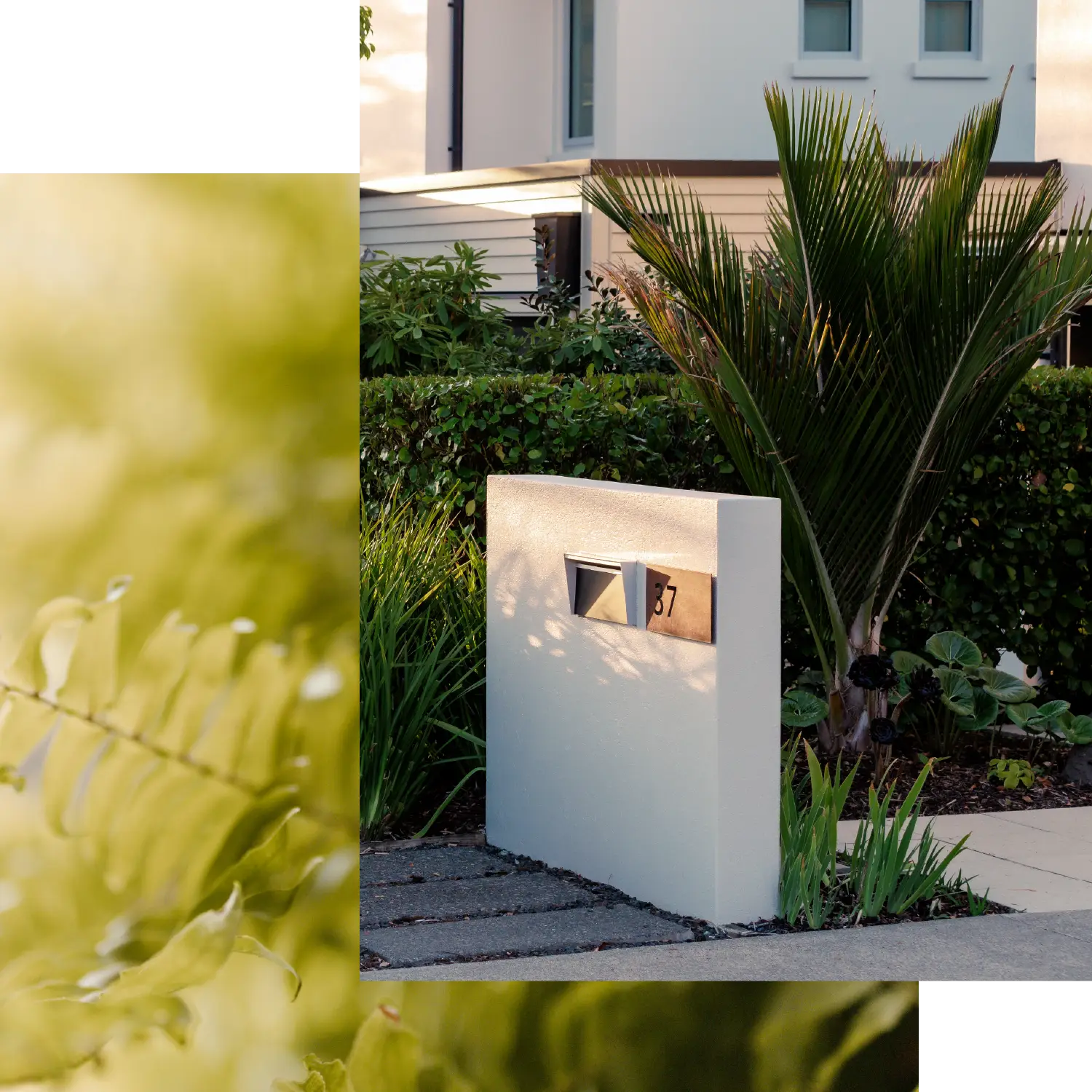 Collage featuring a modern concrete mailbox and landscaped garden outside a home at Olive Estate Lifestyle Village.