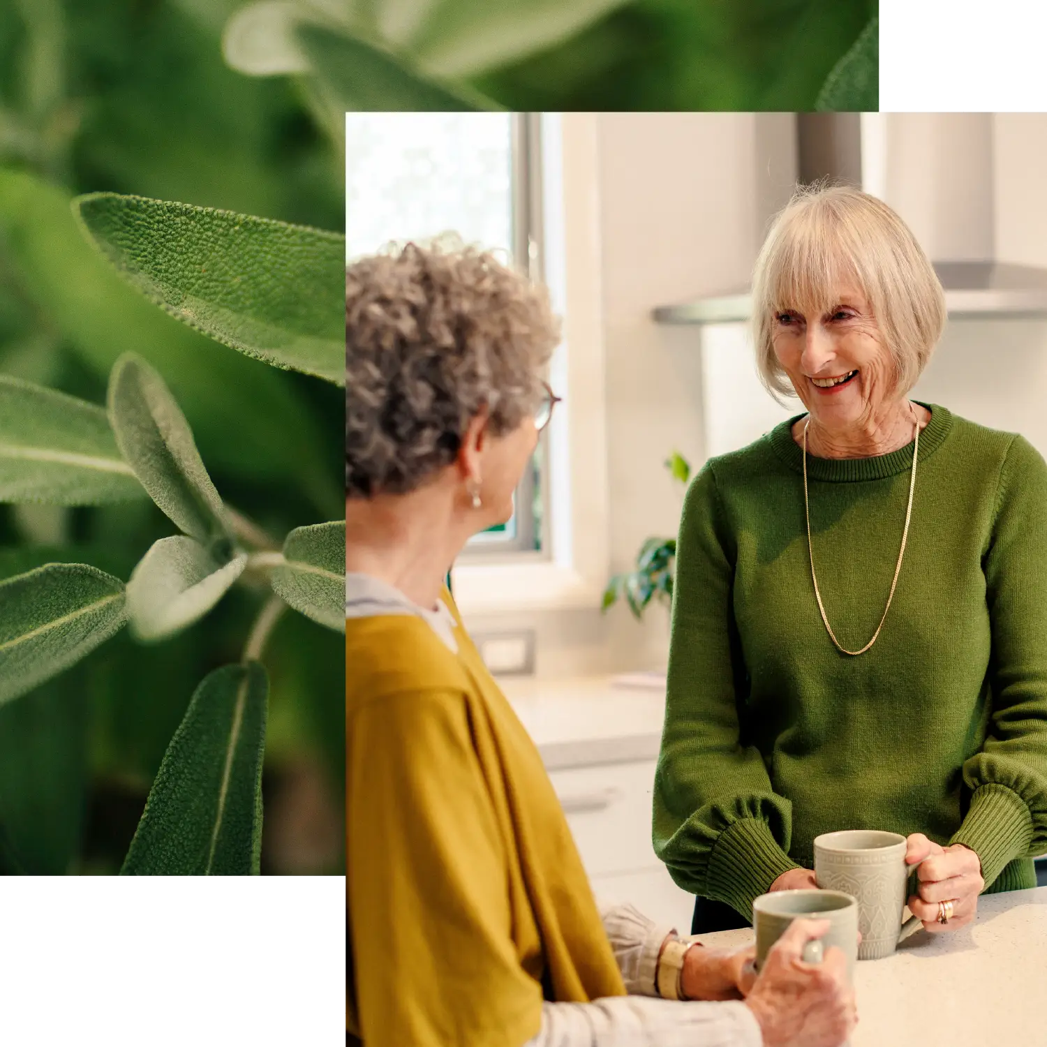 An older woman smiling while talking to her friend inside an Olive Estate home, holding a mug.